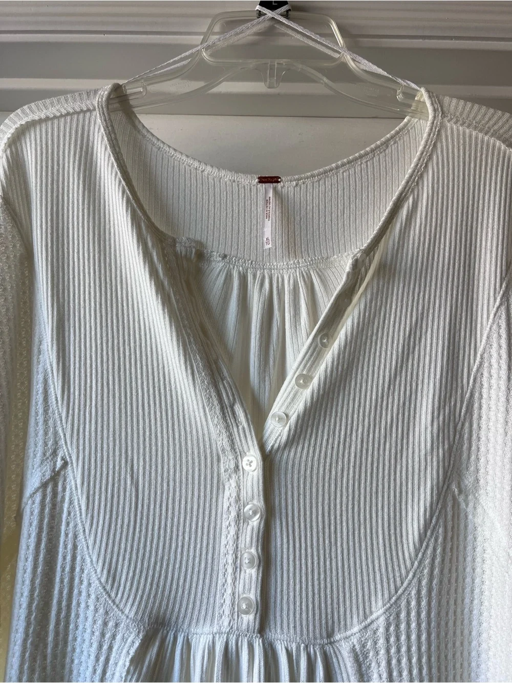 Free People Ivory White Ribbed Waffle Knit Long-Sleeve Henley Top XL